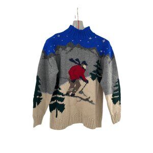 Ralph Lauren Hand knit Wool Skier Ski Sweater Skiing Scene Pattern & Ribbed Coll
